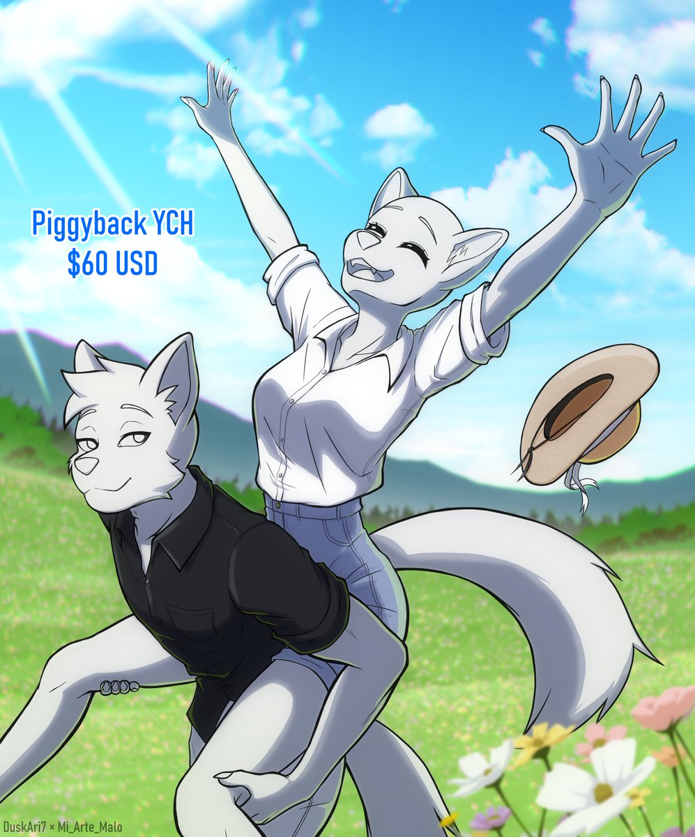 Piggyback collab YCH! with <a href="/mi_arte_malo/">Ilustrador Malo</a>

Price is $60 usd!

No extra charge: Complexity of characters, color of clothes, change of gender/species.
May charge extra for change of clothing

DM me if you're interested or have questions!