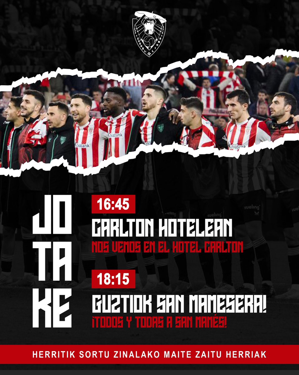 MAÑANA VAMOS CON TODO 🔥

Prepara tu bufanda (y la garganta) porque mañana lo damos todo en Bilbao y en San Mamés. Desde las 16:45 en el Hotel Carlton hasta el pitido final, JO TA KE IRABAZI ARTE! 🦁

#EuskalLions #AthleticClub #AthleticRoma #uefaeuropaleague