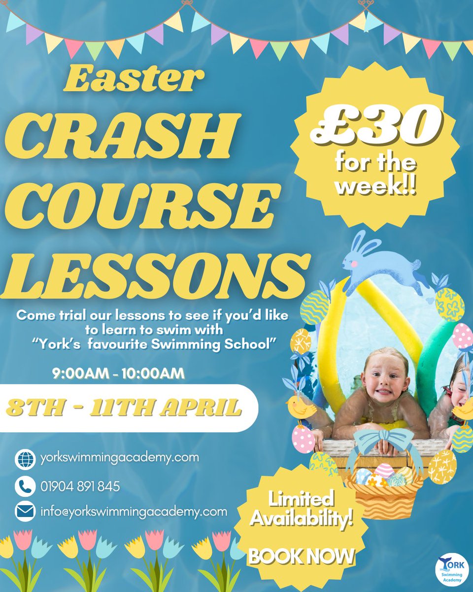 🚨EASTER HALF TERM CRASH COURSE 🚨

We’re delighted to announce that we will be running a crash course this Easter half term!

Lessons will take place between 9:00AM and 10:00AM on the 8th to the 11th April, at our New Earswick Pool - for children aged 4+! 🌊

Book now!!