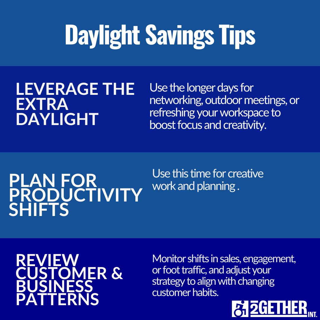 Daylight Savings Time is almost here! That extra daylight is great for business, but don’t let the time shift mess with your productivity. Here’s how to stay ahead: