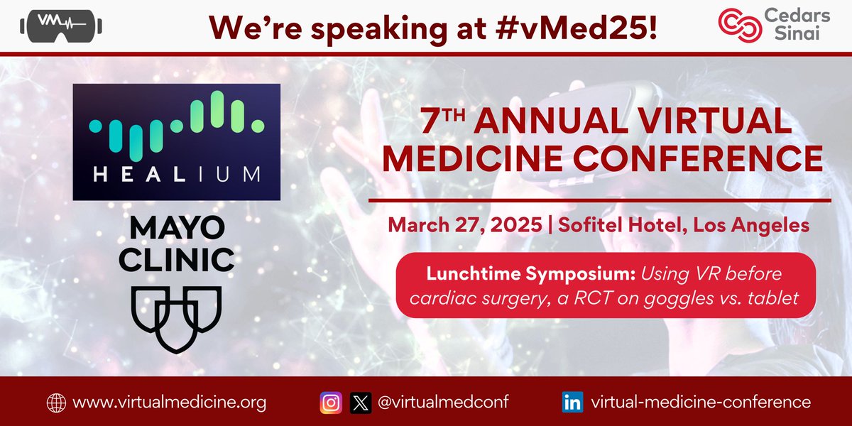 Join us for a special lunchtime symposium sponsored by <a href="/HealiumXR/">Healium</a> &amp; <a href="/MayoClinic/">Mayo Clinic</a> at #vMed25! 🌐 Sarah Hill - Healium CEO &amp; Dr. Jordan Miller - Mayo Clinic will explore the use of VR before cardiac surgery. 🎟️ virtualmedicine.org/conference/tic…  #HealthcareInnovation #CardiacCare #VR