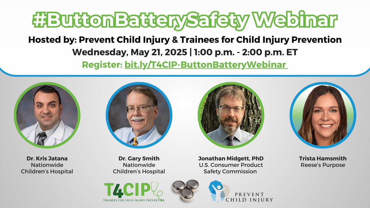 T4CIP (Trainees for Child Injury Prevention) (@t4cip_) on Twitter photo Join <a href="/T4CIP_/">T4CIP (Trainees for Child Injury Prevention)</a> and <a href="/PreventChildInj/">Prevent Child Injury</a> for our upcoming #ButtonBatterySafety webinar, May 21, 1-2 p.m. ET.! Hear from experts <a href="/KrisJatanaMD/">Kris Jatana</a>, <a href="/GaryASmithMD/">Gary Smith</a>, <a href="/USCPSC/">US Consumer Product Safety Commission</a> Consumer Ombudsman Jonathan Midgett, and Trista Hamsmith from <a href="/ReesesPurpose/">Reese's Purpose</a>. Register: bit.ly/T4CIP-ButtonBa… Join <a href="/T4CIP_/">T4CIP (Trainees for Child Injury Prevention)</a> and <a href="/PreventChildInj/">Prevent Child Injury</a> for our upcoming #ButtonBatterySafety webinar, May 21, 1-2 p.m. ET.! Hear from experts <a href="/KrisJatanaMD/">Kris Jatana</a>, <a href="/GaryASmithMD/">Gary Smith</a>, <a href="/USCPSC/">US Consumer Product Safety Commission</a> Consumer Ombudsman Jonathan Midgett, and Trista Hamsmith from <a href="/ReesesPurpose/">Reese's Purpose</a>. Register: bit.ly/T4CIP-ButtonBa…