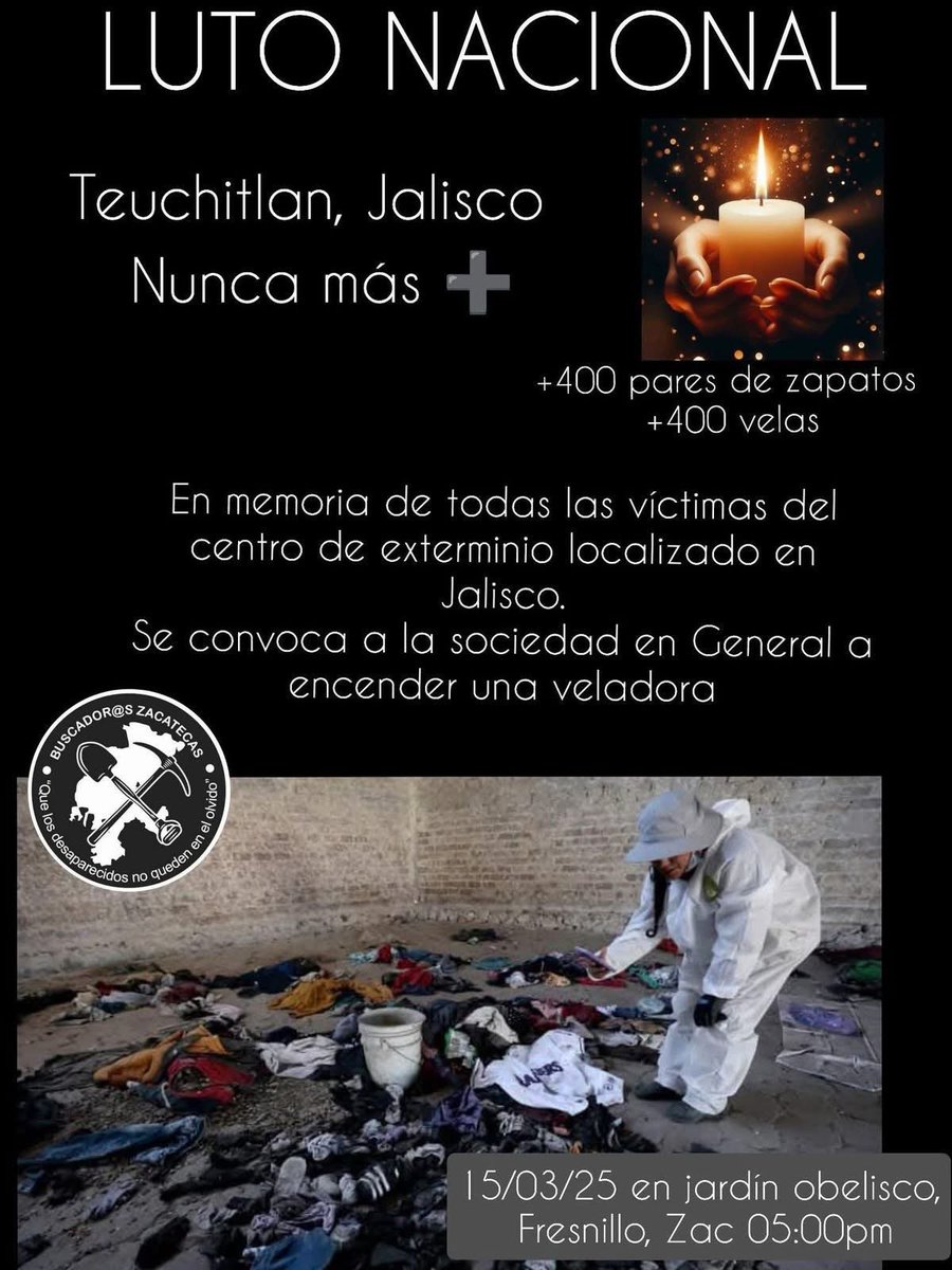 5deJunioMemoria's tweet photo. Nos sentimos obligadxs a pronunciarnos respecto al horror que ha escalado más allá de lo imaginable. #Teuchitlán destapó lo que los colectivos han denunciado bastante, la complicidad del gobierno del estado.

Hacemos un llamado a sumarnos al #LutoNacional desde donde nos toque 👇🏽 https://t.co/s596R4X8w9