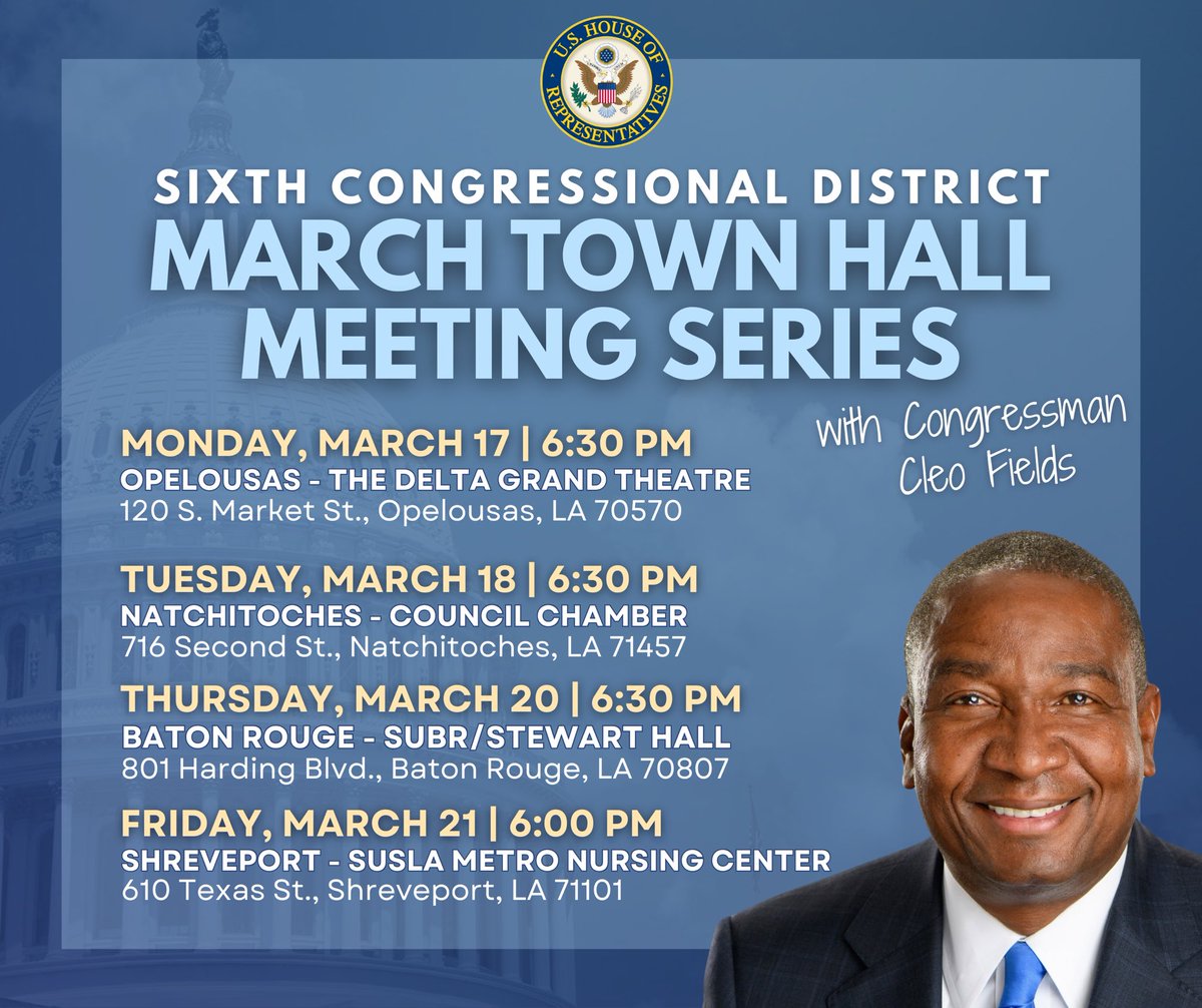 Louisiana, I want to hear from YOU! Next week, I’ll be hosting town hall meetings across LA-06 to discuss the issues that matter most to our communities. From healthcare and education to jobs and disaster relief, your voice is critical in shaping the future of our district.