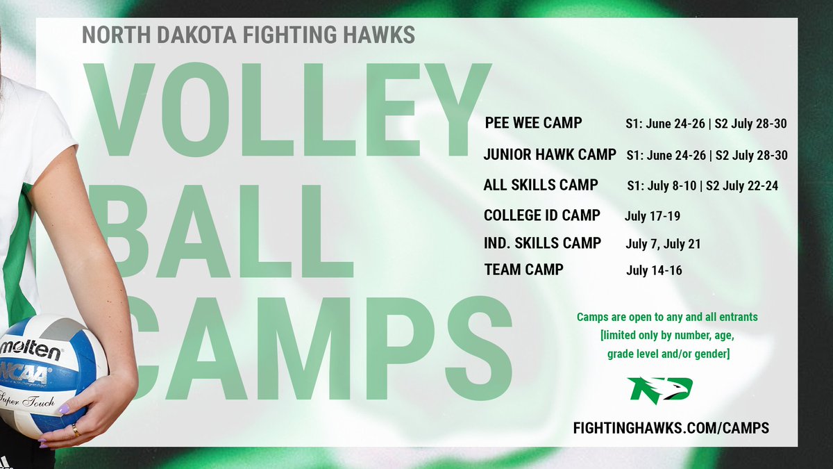 Serving up lots of volleyball this summer! 🏐☀️

Don't miss out on the chance to improve your skills with the Fighting Hawks: fightinghawks.com/camps 

#UNDproud | #LGH