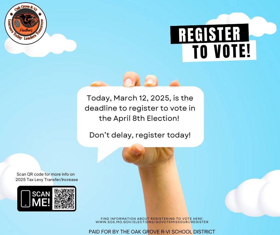 📢 TODAY is the Deadline to Register to Vote on the April 8th Election! 🗳️

🗓️ March 12, 2025 is the last day to register for the April 8th Election! Don’t delay—register today!

📍 Get registered here: sos.mo.gov/elections/goVo…