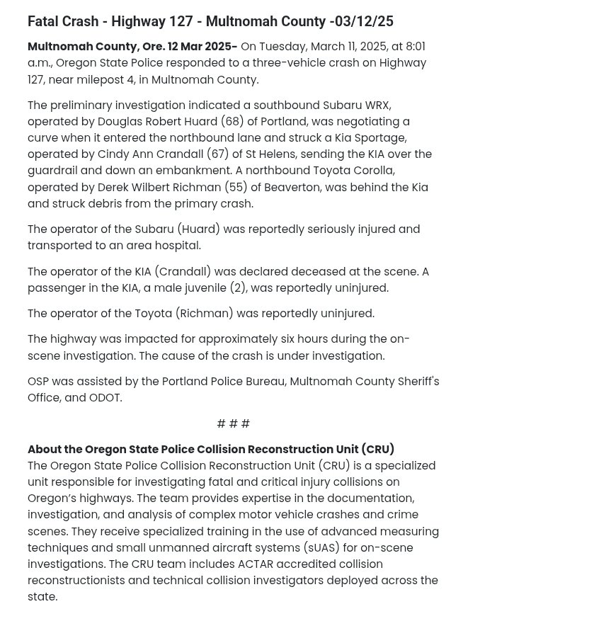 WashCoScanner's tweet photo. Fatal Crash - Highway 127 - Multnomah County https://t.co/RkNQ4XM05i