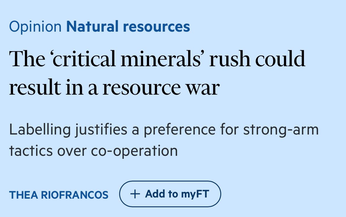 Thea Riofrancos (@triofrancos) on Twitter photo The critical minerals consensusāi.e. that some raw materials are so essential that all tactics, including war, are justified to obtain themāis hegemonic. The results could be deadly.
This consensus shuts down debate: Critical for whom, obtained at whose expense? My latest in <a href="/FT/">Financial Times</a> The critical minerals consensusāi.e. that some raw materials are so essential that all tactics, including war, are justified to obtain themāis hegemonic. The results could be deadly.
This consensus shuts down debate: Critical for whom, obtained at whose expense? My latest in <a href="/FT/">Financial Times</a>