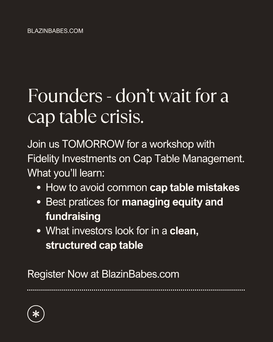 BlazinBabesOrg's tweet image. Join us TOMORROW NIGHT for an exclusive session on Cap Table Management for Startup Founders and learn how to protect your equity and avoid costly pitfalls.

📅 March 13 | 7 PM CST
🔗 blazinbabes.com/meetups

#CapTableManagement #FounderEquity #StartupSuccess