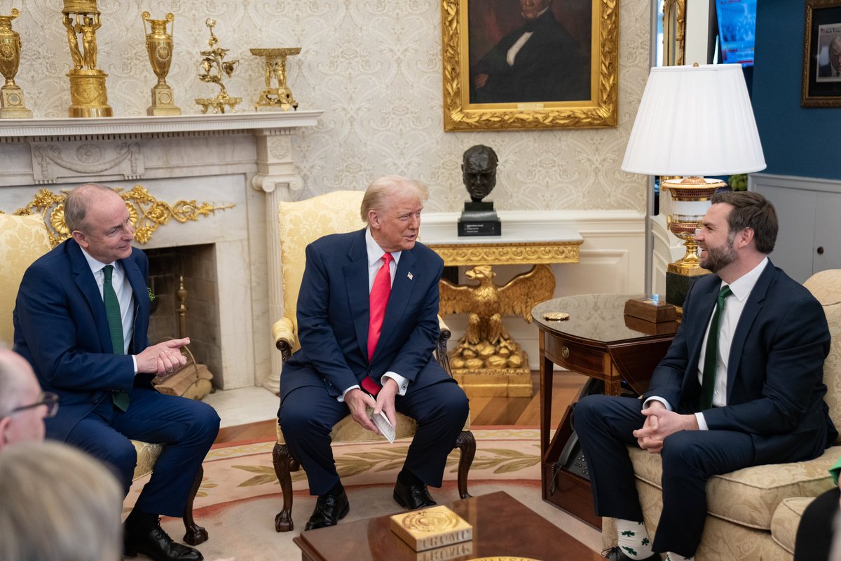 Vice President JD Vance (@vp) on Twitter photo Usha and I were honored to host Taoiseach <a href="/MichealMartinTD/">Micheál Martin</a> and his wife, Mary, for breakfast at the Naval Observatory, followed by a great meeting with President Trump in the Oval Office.
It was a great day for celebrating our longstanding alliance with Ireland 🇺🇸🇮🇪 Usha and I were honored to host Taoiseach <a href="/MichealMartinTD/">Micheál Martin</a> and his wife, Mary, for breakfast at the Naval Observatory, followed by a great meeting with President Trump in the Oval Office.
It was a great day for celebrating our longstanding alliance with Ireland 🇺🇸🇮🇪