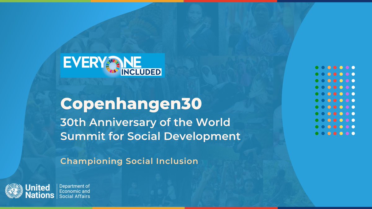 🎉Today marks 30th anniversary of the Copenhagen Social Summit 1995! 🎉 #Copenhagen30

A milestone in advancing social development, equality &amp; inclusion. As we pave the way to #SocialSummit2025, let's recommit to #EveryoneIncluded &amp; #InclusiveWorld. 
🌐social.desa.un.org/second-world-s…