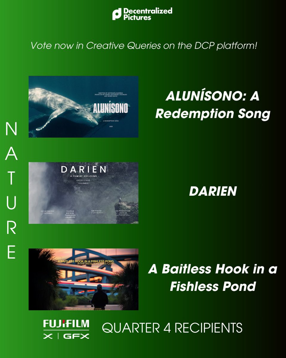 Decentralized Pictures (@dcp_foundation) on Twitter photo 🚨 4 days left to vote for Phase 2 of the <a href="/fujifilmx_us/">FUJIFILM X/GFX USA</a> Aspiring Filmmakers Award 🏆
➡️ Head to Creative Queries on the DCP platform to vote from the 12 recipient projects from Phase 1 🗳️
🔗: app.decentralized.pictures/creative-query 🚨 4 days left to vote for Phase 2 of the <a href="/fujifilmx_us/">FUJIFILM X/GFX USA</a> Aspiring Filmmakers Award 🏆
➡️ Head to Creative Queries on the DCP platform to vote from the 12 recipient projects from Phase 1 🗳️
🔗: app.decentralized.pictures/creative-query