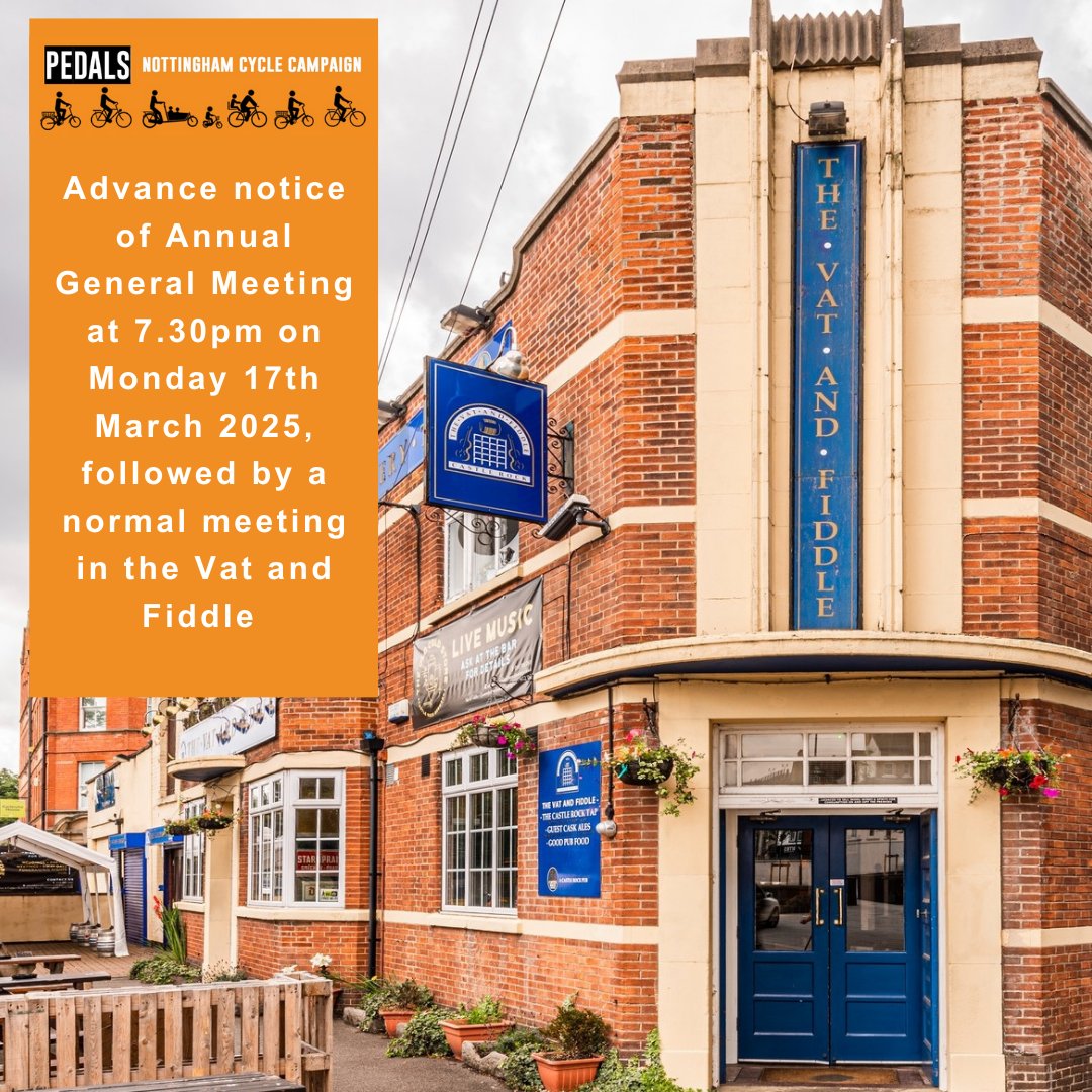 Our AGM is at 7.30pm on Monday 17th March at 7.30pm at the Vat and Fiddle.  Followed by a normal meeting.  #pedals #nottingham #cycling #campaign