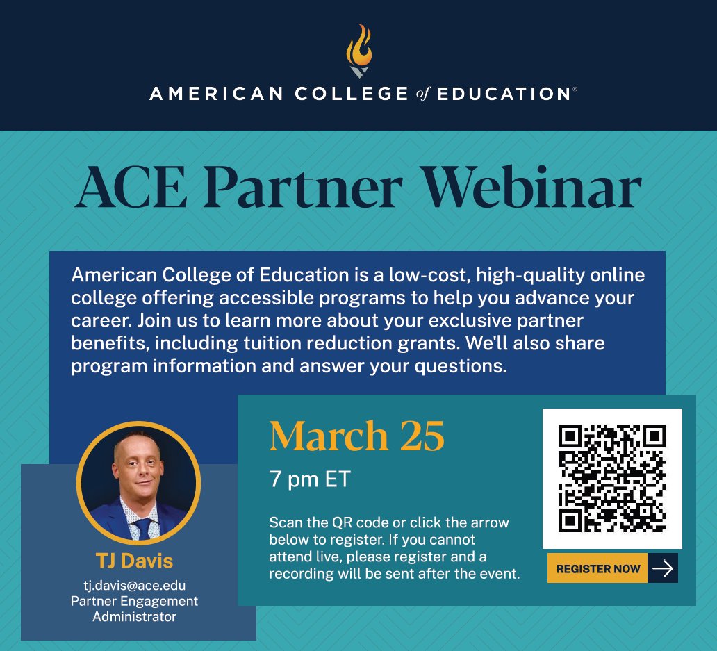 TJ Davis, B.S.Sp.S., E.M.B.A. (@tjdavisace) on Twitter photo Please join me on Tuesday, March 25th at 7:00pm EST as I host ACE's next Partner Webinar! <a href="/ACEedu/">American College of Education</a> 🔥 #PartnerWebinar💻 #LiveQandA🙋♂️🙋♀️
Click the link below or simply scan the QR Code!
Webinar Registration Link:
aceedu.zoom.us/webinar/regist… Please join me on Tuesday, March 25th at 7:00pm EST as I host ACE's next Partner Webinar! <a href="/ACEedu/">American College of Education</a> 🔥 #PartnerWebinar💻 #LiveQandA🙋♂️🙋♀️
Click the link below or simply scan the QR Code!
Webinar Registration Link:
aceedu.zoom.us/webinar/regist…