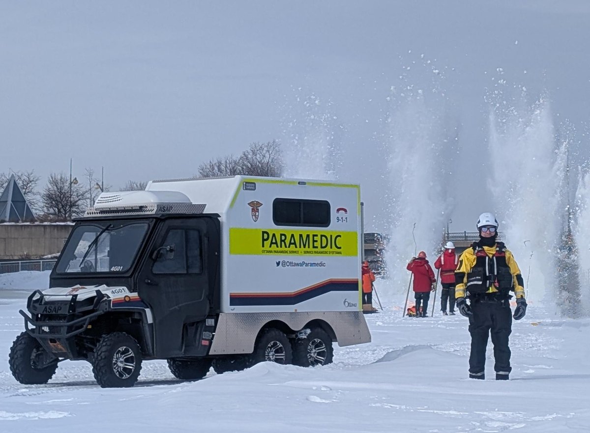 OttawaParamedic's tweet photo. The Rideau Canal may be closed but the Rideau River is opening up.  Paul, a Marine Paramedic,  was covering the blasting of the ice on the Rideau River last week. https://t.co/7k2fyBGozx