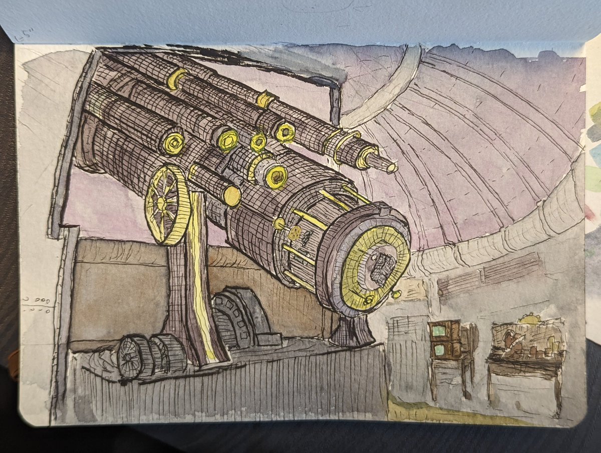 Lhet's tweet image. #18 Observatory
Complicated cylinders with weird perspective - there are a lot of errors with this one. Ref also has horrible lighting which didn't help the cross hatching, what I did ended up looking nearly as flat as the ref.
#watercolor #lineandwash