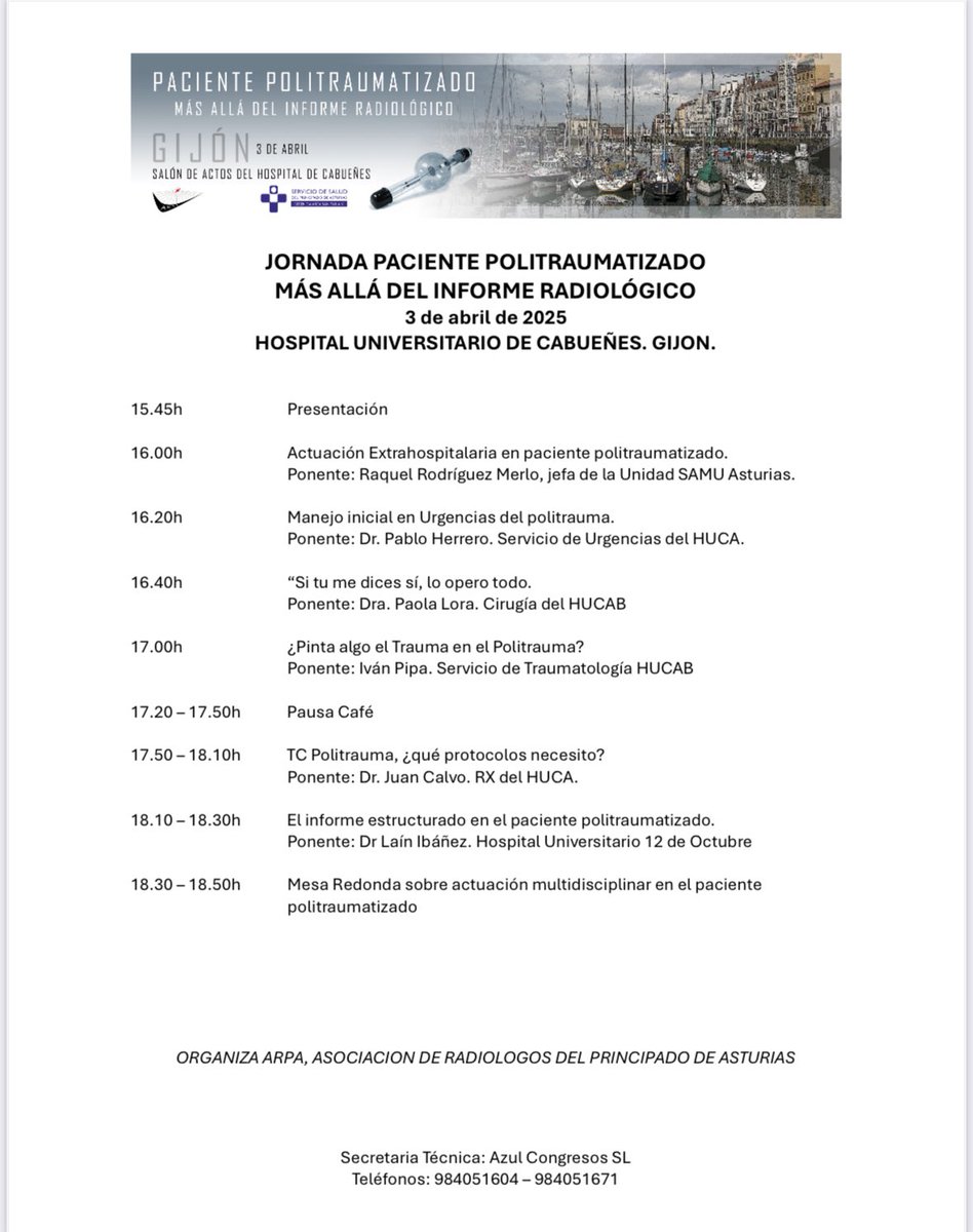 📌Jornada del paciente politraumatizado, más allá del informe radiológico 

📅 Jueves 3 de Abril

🏥 Salón de actos del Hospital Universitario de Cabueñes

Manejo multidisciplinar del paciente politraumatizado con profesionales del SAMU, HUCA y CAHUB. <a href="/CAHU_Area_V/">CAHU Área Sanitaria V</a> <a href="/HUCA_Asturias/">@HUCA</a>