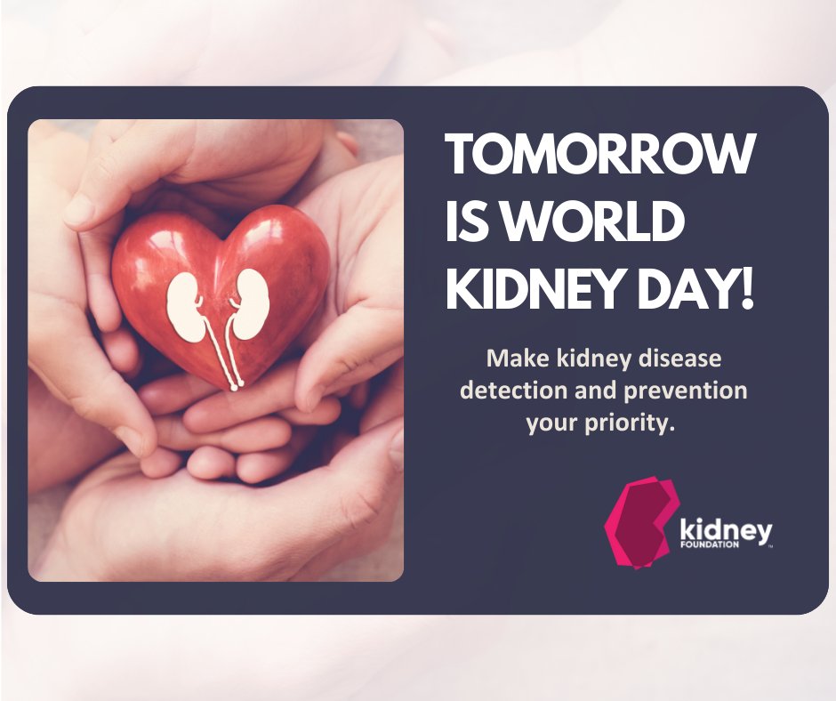 Tomorrow is World Kidney Day! Let's come together to highlight the crucial role our kidneys play. Early detection of kidney disease can make all the difference! Join us in raising awareness and spreading the word. 
#WorldKidneyDay #AreYourKidneysOK #KidneyOntario