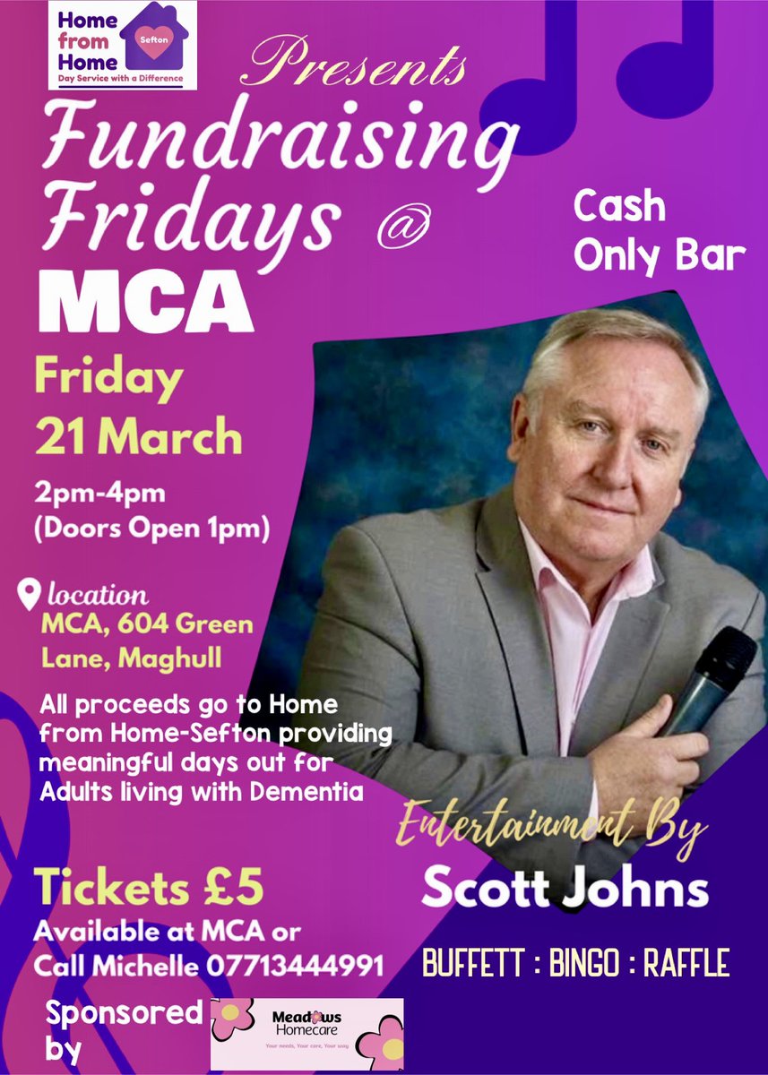 We are absolutely delighted to welcome Meadows Homecare as our new sponsor for Fundraising Fridays

Join us for our next event!
📅 Date: 21st March
🕑 Time: 2–4 PM
📍 Venue: MCA
🎟️ Tickets: Available at the MCA or contact Michelle at 07713 444991

We can’t wait to see you there!