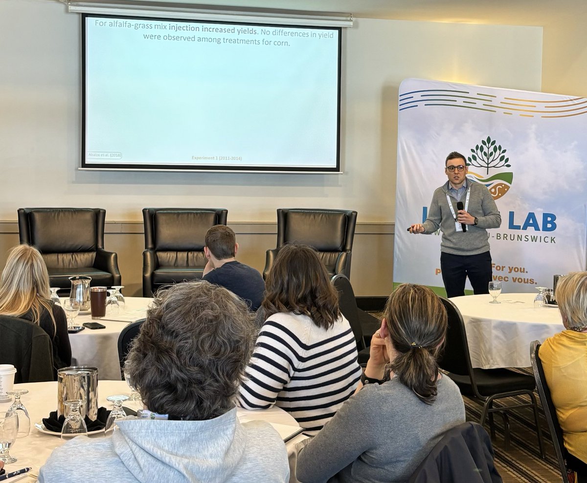 AgustinOlivo_'s tweet image. I’m exploring a new 🇨🇦 province this week, #NewBrunswick, participating in two events: the annual meetings of the NB #LivingLab, and the NB Soil and Crop Improvement Association! 

Off to a good start with a presentation and great discussion on N mgmt and N2O emissions in ag! 🤓