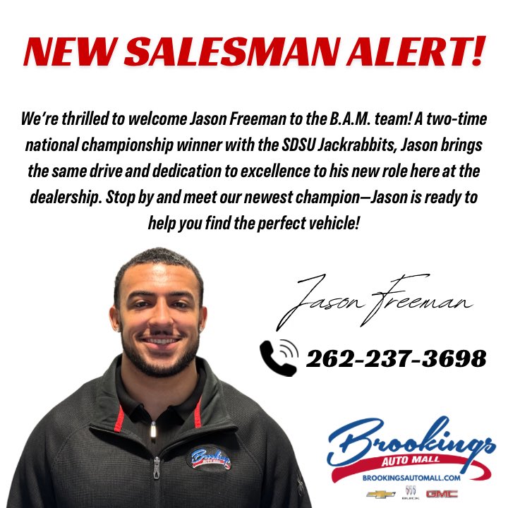 j_dogg_34's tweet image. Let me lead you to your next dream vehicle ! Come see me at Brookings Auto Mall for a car buying experience that’s as smooth as I was on the field!
Text, Call, or DM me for a test drive or advice on your next car 🚙