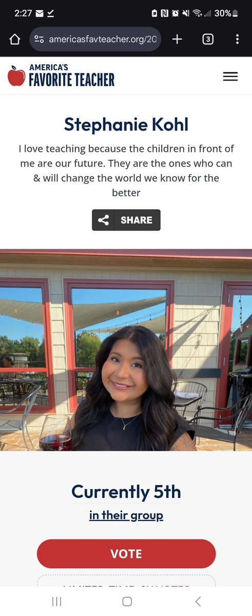 My sister is trying to win America's favorite teacher and some rich dudes keep paying for extra votes to try to win. LAME.
Go use your free vote, my followers.