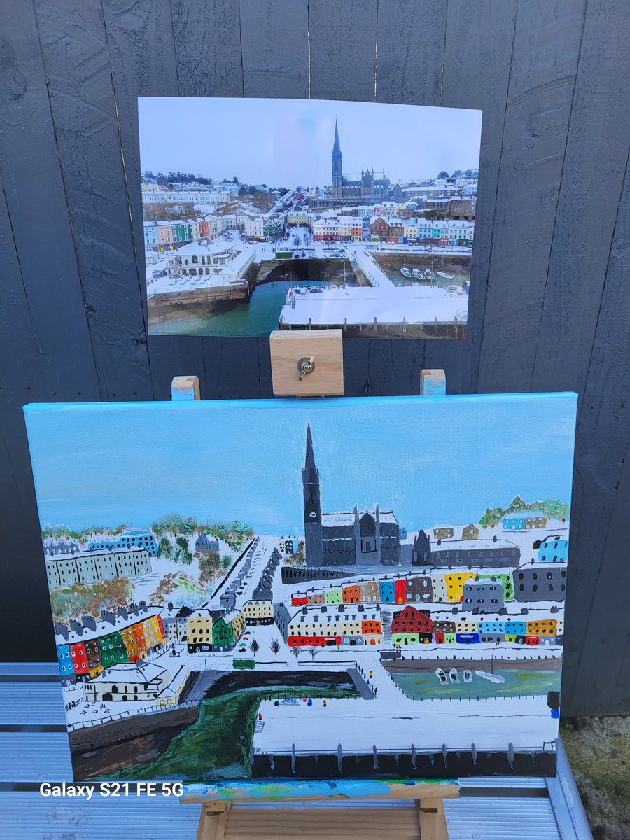 A number of years ago I took a photo of Cobh in the snow , over the last few weeks I have been painting it .
Van gogh and Ger Conlon have nothing to worry about but I'm enjoying this painting lark .
Included is the original photo I took .