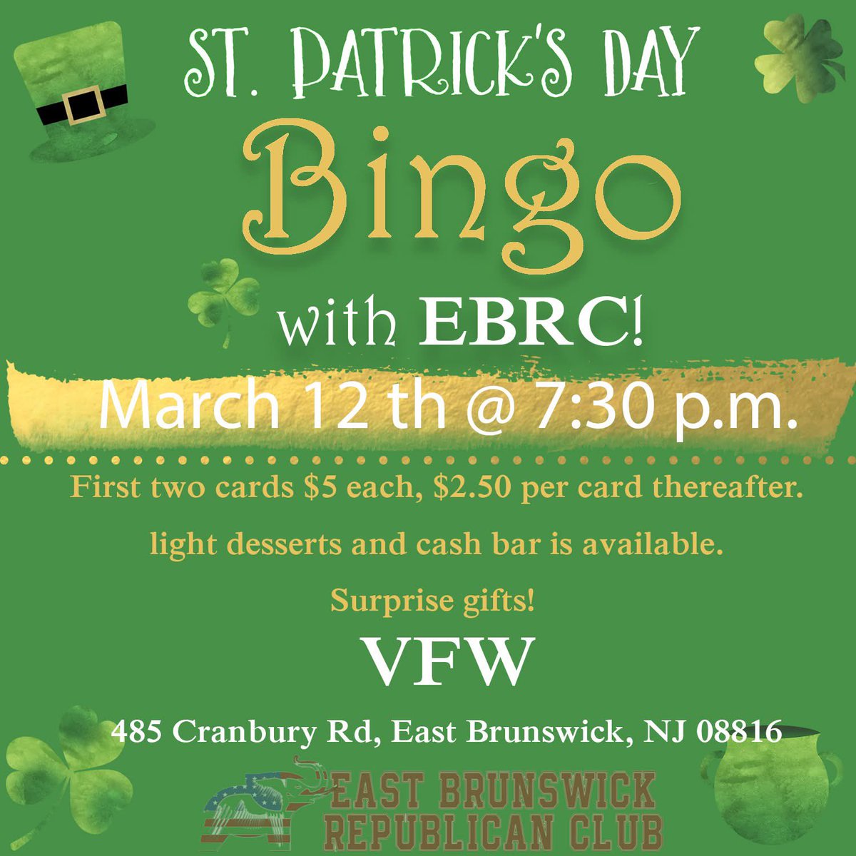 Tsaralexi45's tweet image. Join us tonight at East Brunswick VFW for St. Patrick's Day Bingo! We'll gather signatures for LD-18 candidates Dr. Eugene DeMarzo &amp;amp; Melanie McCann Mott, endorsed by @MIDDLESEXGOPNJ, for June primary. Support us! (Hosted by EB Republican Club)