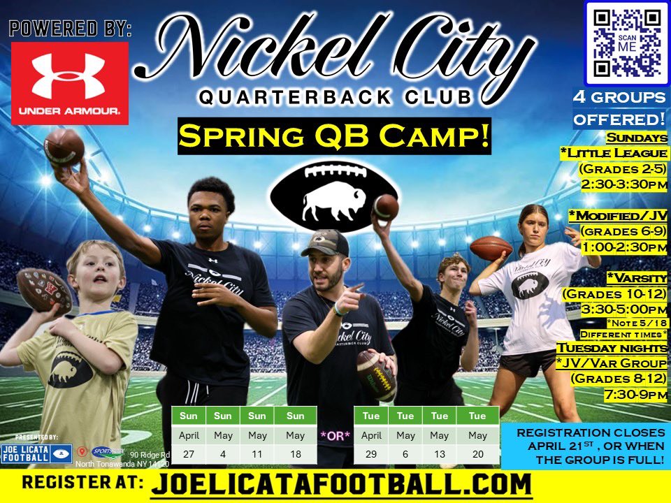 🚨Spring QB Camp Info🚨! 

4 groups for all levels!

📅 Dates:
➡️ Sundays: April 27, May 4, 11, 18
➡️ Tuesdays: April 29, May 6, 13, 20

🔗 Register at: joelicatafootball.com
⏳ Registration closes April 21st

Powered by <a href="/UnderArmour/">Under Armour</a> 💪

#NickelCityQBClub #QuarterbackTraining