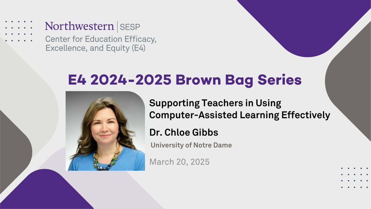 Join us today at 12pm CT for an E4 Virtual Brown Bag with Chloe Gibbs on Supporting Teachers in Using Computer-Assisted Learning in #K12 - bit.ly/3XJ8HCw