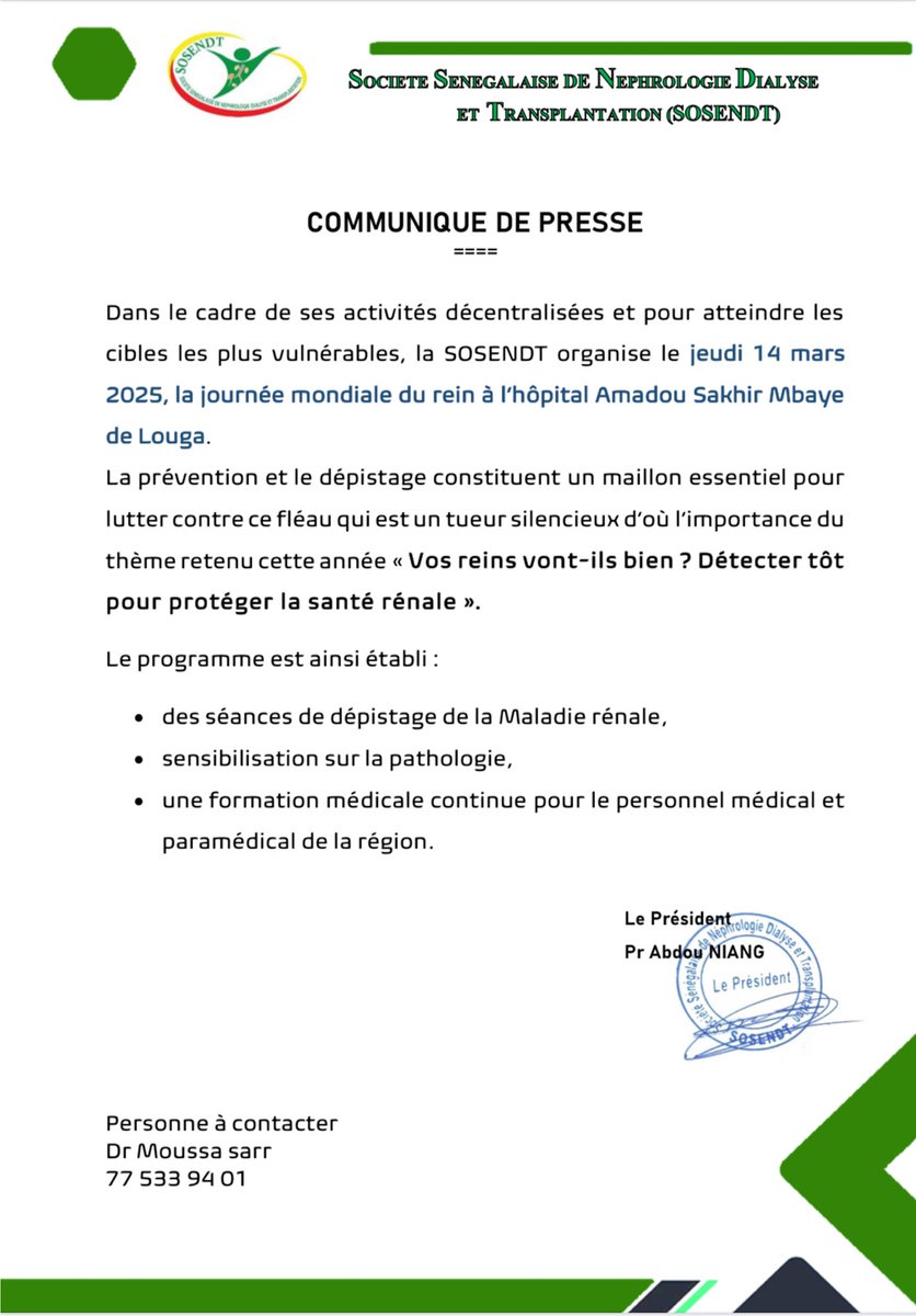 ‼️♨️ Journée Mondiale du Rein ♨️‼️

🌟 Communiqué de presse 

Dans le cadre de ses activités décentralisées et pour atteindre les cibles les plus vulnérables, la <a href="/sosendt/">SOSENDT</a> organise le jeudi 13 mars 2025, la JMR à Louga

<a href="/DivanCitoyen/">Divan Citoyen</a> <a href="/santegouv_sn/">Ministère de la Santé et de l'Hygiène publique</a> <a href="/worldkidneyday/">World Kidney Day</a>
