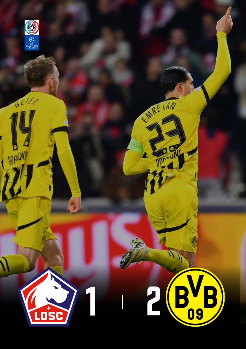 Dortmund France 🇫🇷 (@dortmund_french) on Twitter photo ⏱️ FIN DU MATCH!
LILLE 1-2 DORTMUND
Le Borussia Dortmund se qualifie pour les quarts de finale de Champions League! Bravo les gars, elle fait plaisir!
#BVB #LOSCBVB | HEJA <a href="/BVB/">Borussia Dortmund</a>🐝 ⏱️ FIN DU MATCH!
LILLE 1-2 DORTMUND
Le Borussia Dortmund se qualifie pour les quarts de finale de Champions League! Bravo les gars, elle fait plaisir!
#BVB #LOSCBVB | HEJA <a href="/BVB/">Borussia Dortmund</a>🐝