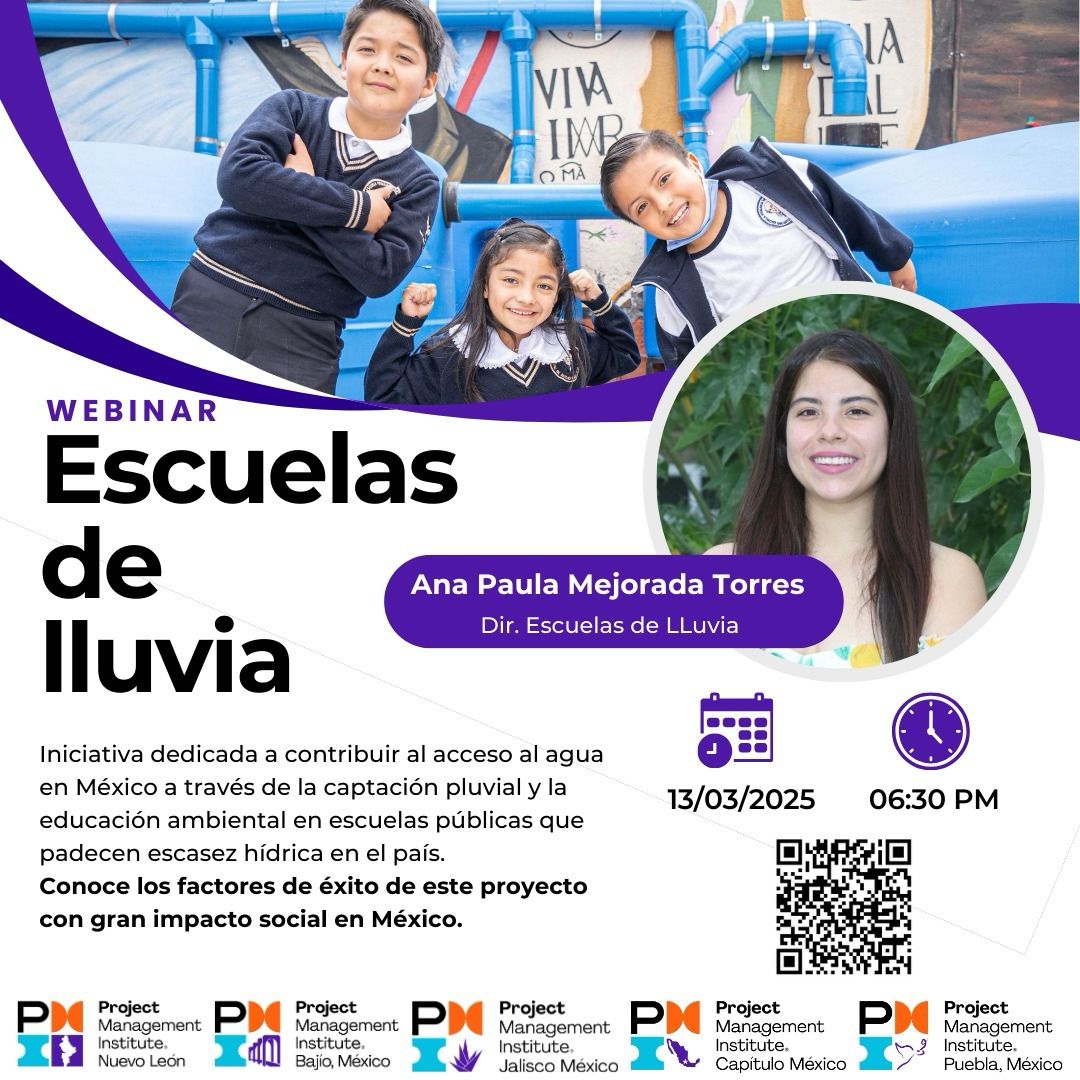 ¡Conozcan nuestro camino en #EscuelasDeLluvia!🏫🌧️ 
De la mano de Proyectando México, nuestra querida Ana Paula Mejorada hablará sobre los retos y aprendizajes al dirigir este maravilloso proyecto.
📅 13 de marzo
 ⏰ 6:30 PM
Registro: pmilatam.airmeet.com/e/0850d9a0-ebe… 
#CaptaLaLluvia