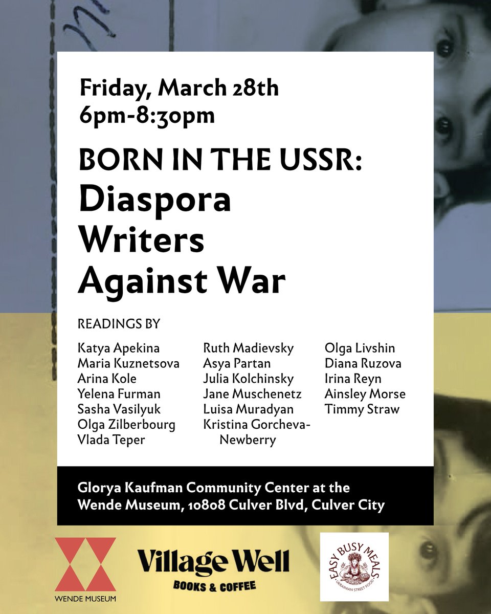 Olga Zilberbourg (@bowlga) on Twitter photo Calling all LA folk!! Come to this one of a kind reading brings together Soviet-born writers as they weave together an intricate story of identity, memory, cultural intersections, immigration, and war. Hosted by the <a href="/wendemuseum/">The Wende Museum</a>. 1/2 Calling all LA folk!! Come to this one of a kind reading brings together Soviet-born writers as they weave together an intricate story of identity, memory, cultural intersections, immigration, and war. Hosted by the <a href="/wendemuseum/">The Wende Museum</a>. 1/2
