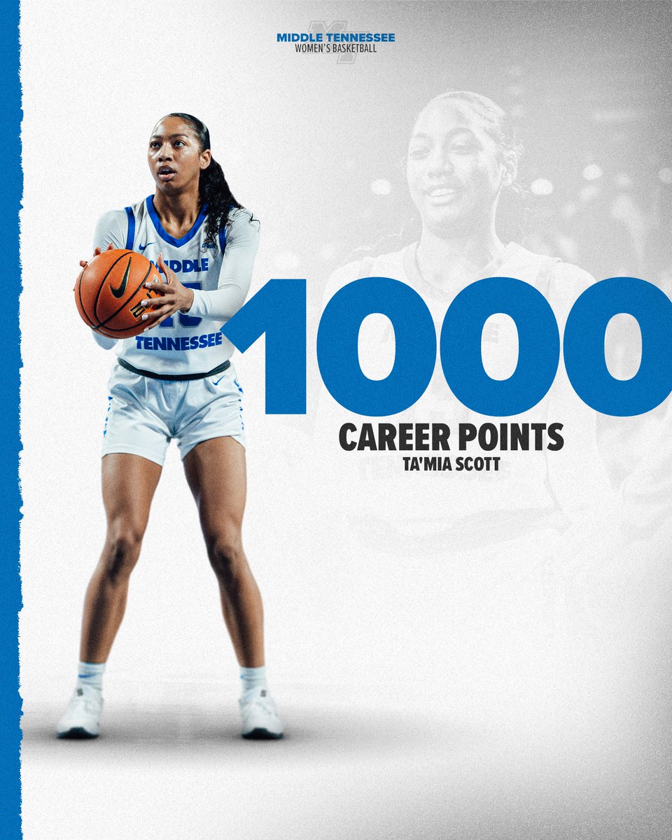 Middle Tennessee Women's Basketball (@mt_wbb) on Twitter photo With that basket, <a href="/TamiaScott2022/">TaโMia Scott</a> becomes the 37th Blue Raider in program history to join the 1,000-point club!
#TrueBlueย |ย #Team50 With that basket, <a href="/TamiaScott2022/">TaโMia Scott</a> becomes the 37th Blue Raider in program history to join the 1,000-point club!
#TrueBlueย |ย #Team50
