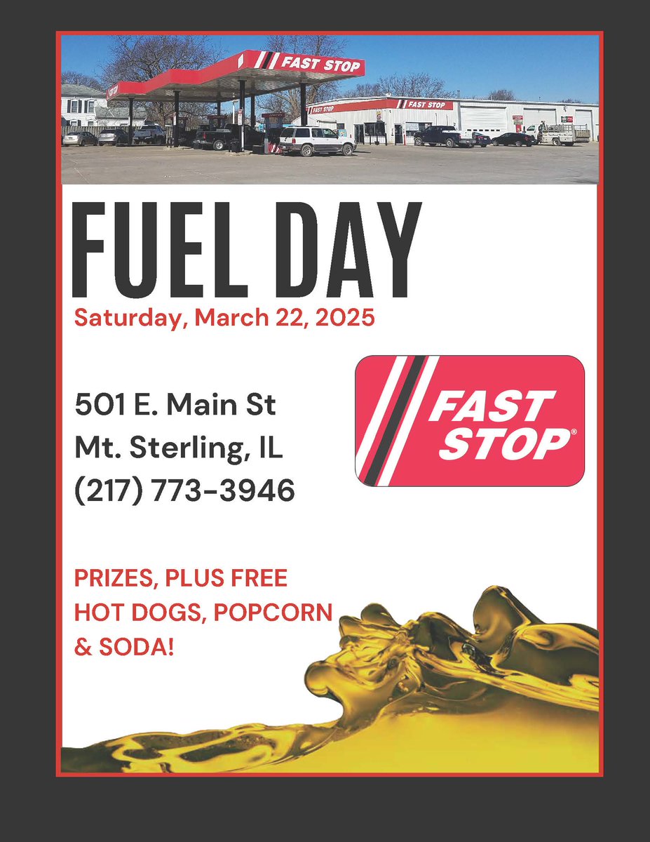 Join us at Fast Stop in Mt. Sterling, IL for Fuel Day on Saturday, March 22nd🎉

Enjoy FREE hot dogs, popcorn, and soda, plus awesome prizes while you fuel up! ⛽🌭🍿🥤

Tag your friends and swing by – it’s going to be a blast! 🎊