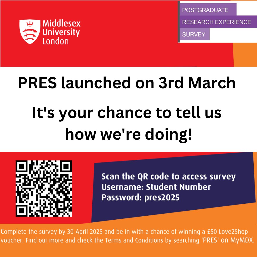 CALLING Postgraduate Researchers! 😀 
Remember to COMPLETE THE ONLINE SURVEY before 30th April!

Use the below QR code to access the survey!  PRIZE draw: 10 x £50 Love2Shop vouchers

#PRES #MDX #middlesexuniversity #SAT #BAL #ACI #HSCE #wearemdx #rdat #mdxresearch