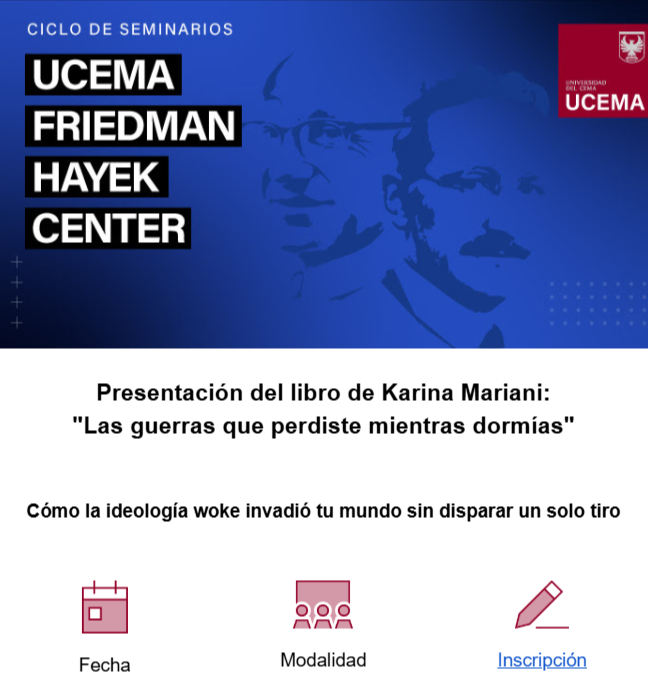 Estimados, el 19 de marzo a las 13.30 hs en el ciclo de seminarios de <a href="/UCEMA_edu/">UCEMA</a>, junto a <a href="/AleGomez63/">Ale Gomez</a> presentaré LAS GUERRAS QUE PERDISTE MIENTRAS DORMÍAS.

Pueden inscribirse acá: ucema.edu.ar/evento/present…