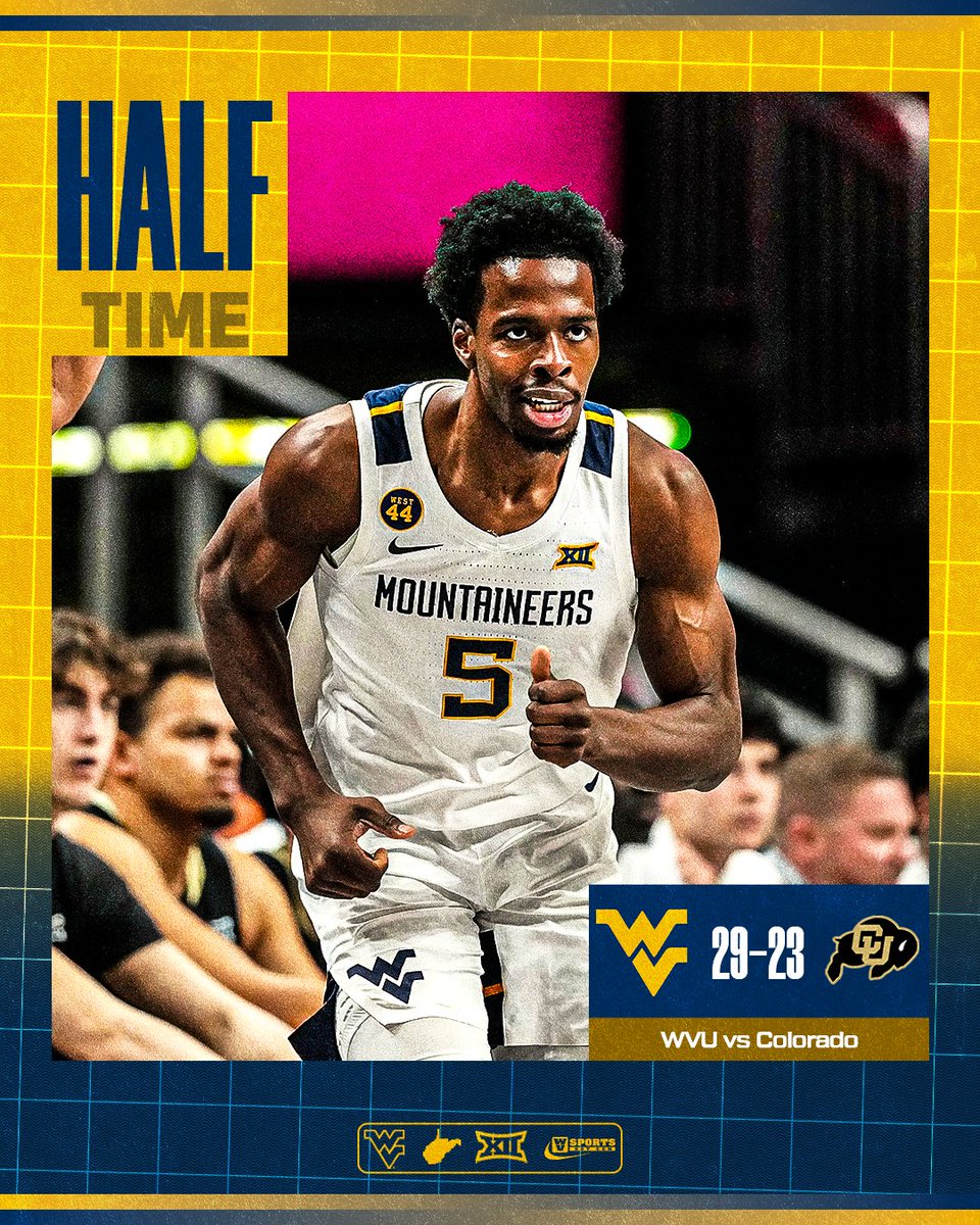 At the half, #WVU leads Colorado 29-23. Small has 13 points for the Mountaineers. #HailWV