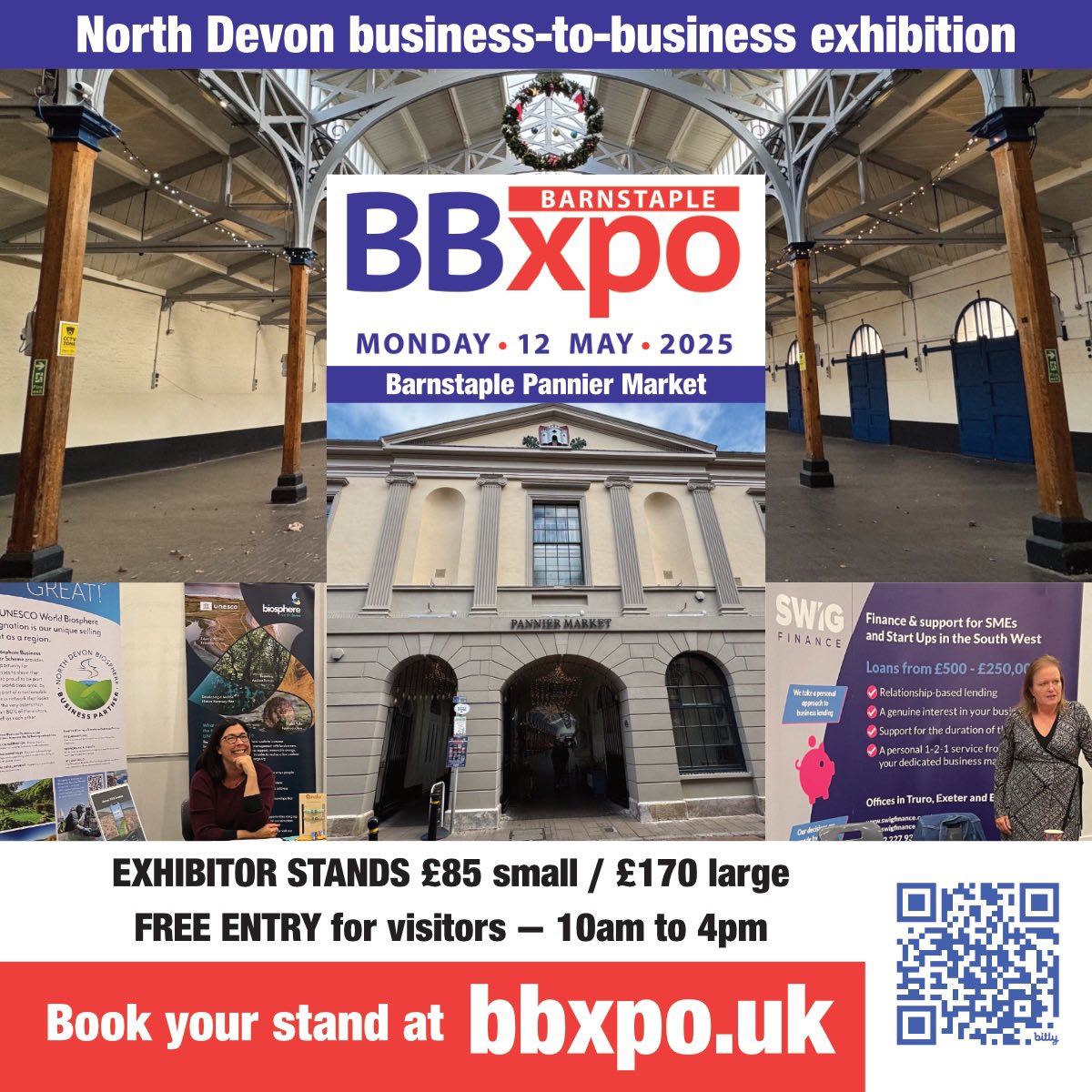 Barnstaple Pannier Market is the venue for our North Devon business-to-business exhibition on Monday 12 May.

Book your exhibitor stand asap for maximum exposure.

Small stands £85 / Large stands £170.

Book at bbxpo.uk

#ndevon #northdevon #b2b #bbxpo