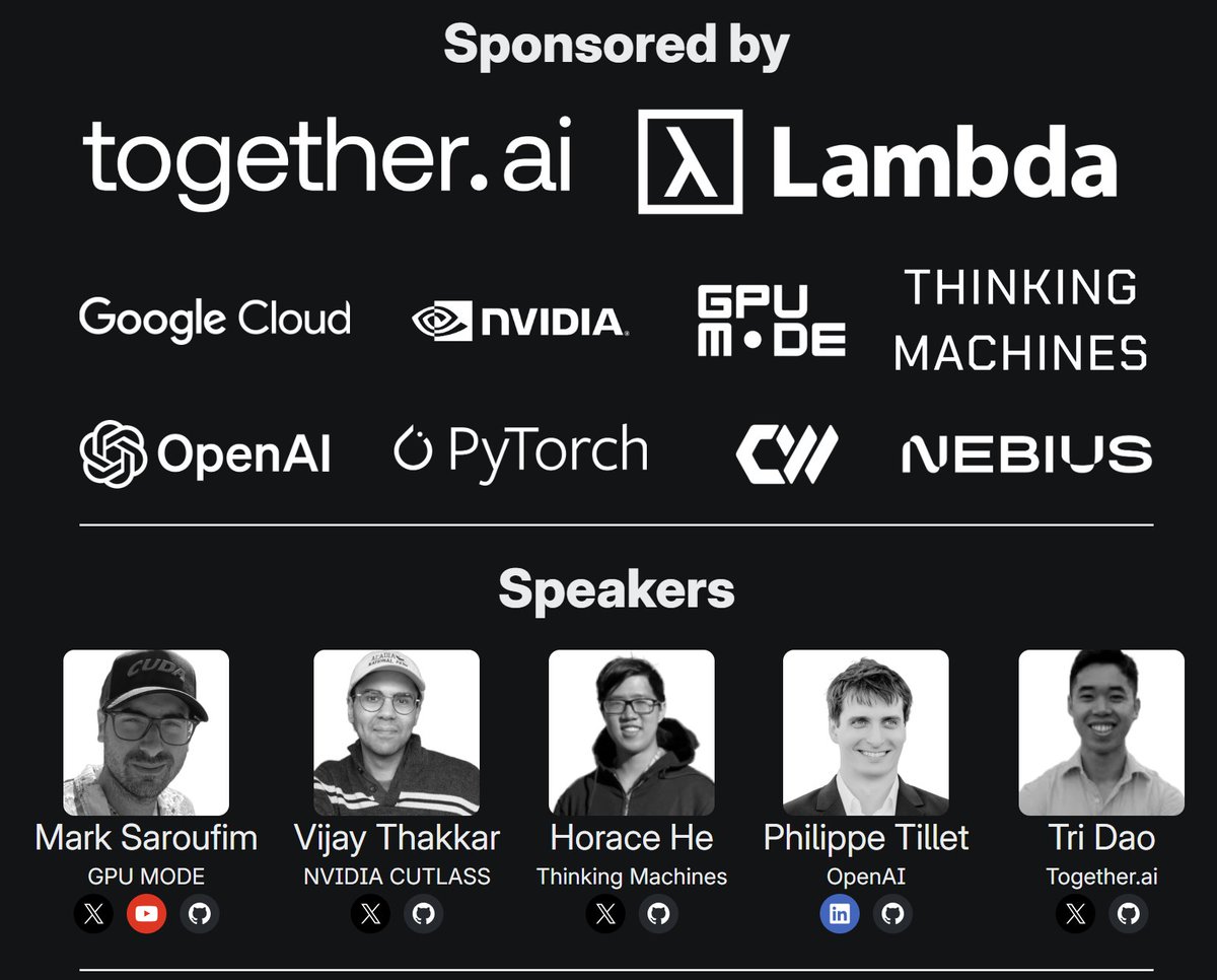Our banger hackathon this Sunday
Over 100 B200 / GB200 to hack on
Participants from every lab
Prizes of Blackwell GPUs + more
Speakers - Phil Tillet OpenAI, Horace He Thinking Machines, Tri Dao Together, Vijay Nvidia, and Mark GPUMode/PT
30 spots left
Apply NOW
Link in next tweet