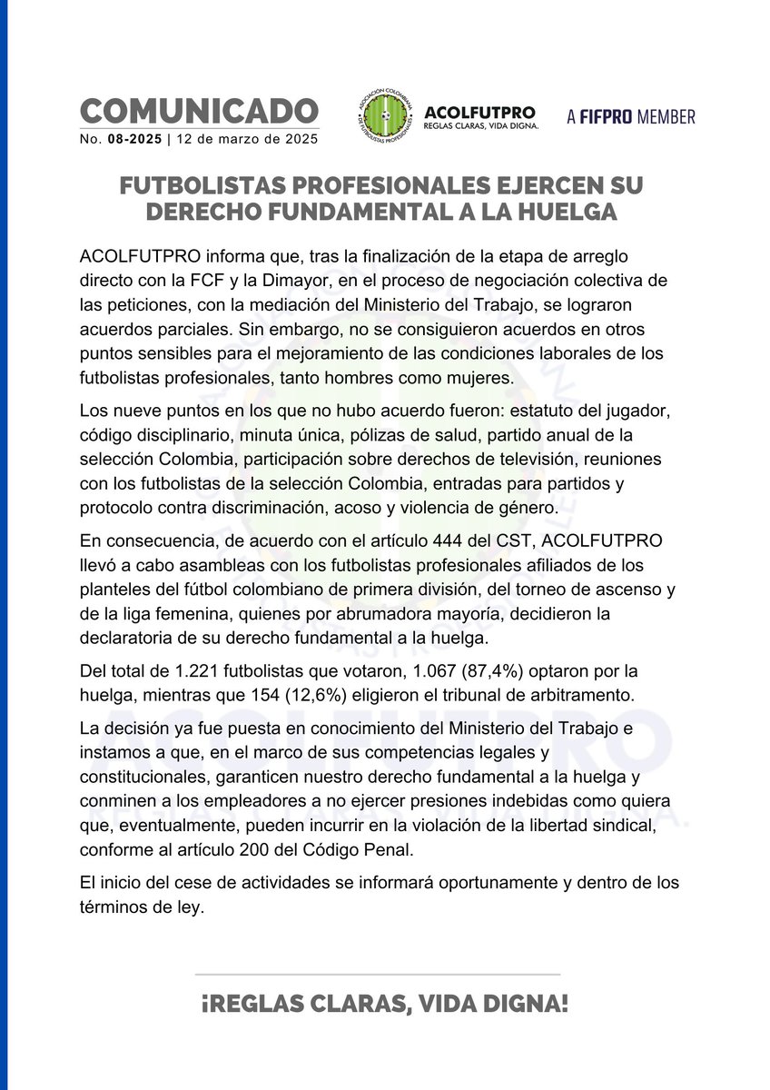 ACOLFUTPRO (@acolfutpro) on Twitter photo 𝗖𝗢𝗠𝗨𝗡𝗜𝗖𝗔𝗗𝗢 | Futbolistas profesionales ejercen su derecho fundamental a la huelga
➡ acolfutpro.org/?p=11322
<a href="/FIFPRO/">FIFPRO</a> <a href="/FIFProAmerica/">FIFPRO Sudamérica</a> <a href="/MintrabajoCol/">MinTrabajo</a> <a href="/AntonioSanguino/">Antonio Sanguino</a> <a href="/FCF_Oficial/">FCF</a> <a href="/Dimayor/">DIMAYOR</a> 𝗖𝗢𝗠𝗨𝗡𝗜𝗖𝗔𝗗𝗢 | Futbolistas profesionales ejercen su derecho fundamental a la huelga
➡ acolfutpro.org/?p=11322
<a href="/FIFPRO/">FIFPRO</a> <a href="/FIFProAmerica/">FIFPRO Sudamérica</a> <a href="/MintrabajoCol/">MinTrabajo</a> <a href="/AntonioSanguino/">Antonio Sanguino</a> <a href="/FCF_Oficial/">FCF</a> <a href="/Dimayor/">DIMAYOR</a>