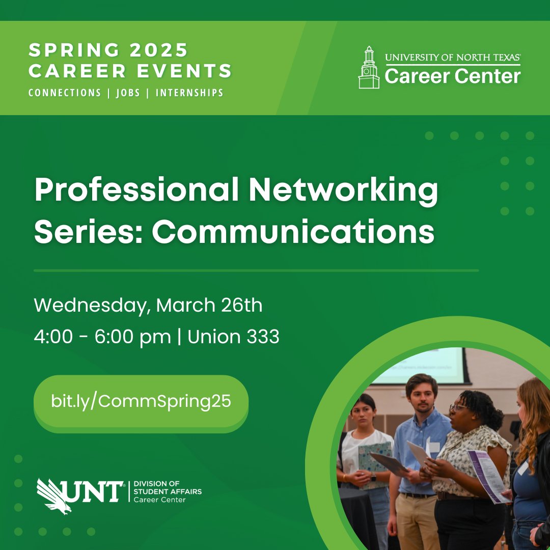 Looking to break into journalism, PR, advertising, editing, or technical writing? Professional Networking Series: Communications is your chance to connect with employers, mentors, and alumni!

📅  March 26
⏰  4 - 6 PM
📍 Union 333

Register at: bit.ly/CommSpring25