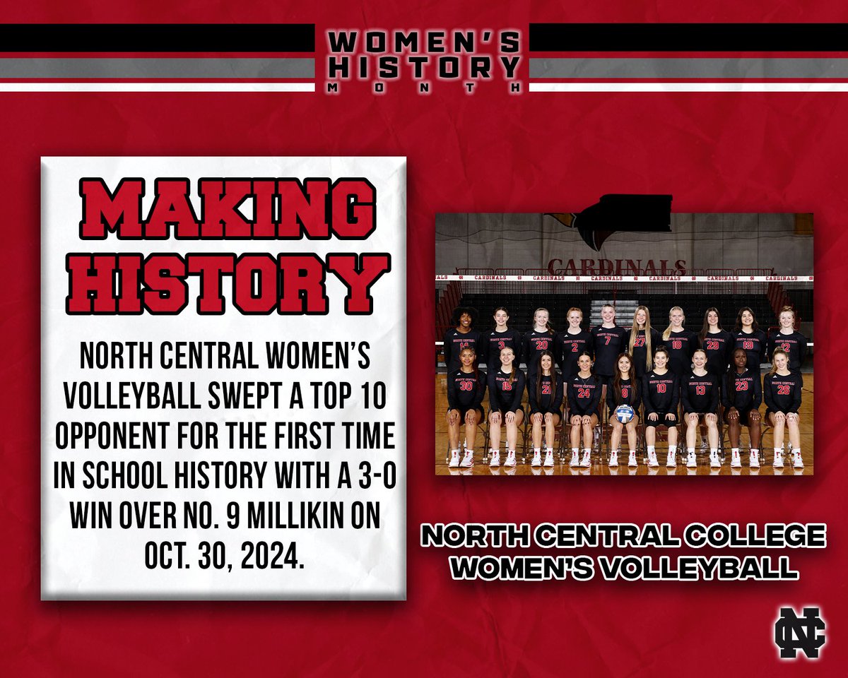 NCC Cardinals (@ncc_athletics) on Twitter photo Our next #WomensHistoryMonth post features the <a href="/nccwomensvb/">North Central College Women’s Volleyball</a> team as they made history this past season by sweeping No. 9 Millikin on Oct. 30. #WeAreNC Our next #WomensHistoryMonth post features the <a href="/nccwomensvb/">North Central College Women’s Volleyball</a> team as they made history this past season by sweeping No. 9 Millikin on Oct. 30. #WeAreNC