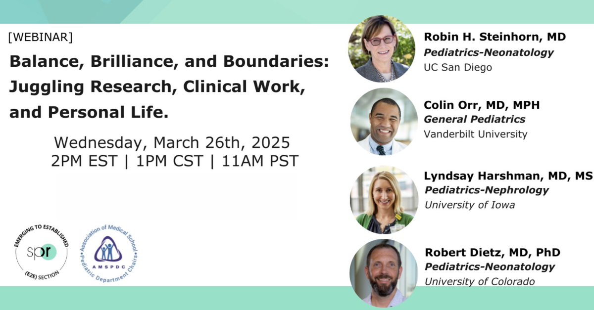 SPR Emerging to Established (E2E) Section (@e2e_spr) on Twitter photo Mark your calendars! Our next webinar, Balance, Brilliance, and Boundaries: Juggling Research, Clinical Work, and Personal Life is on March 26, 1 pm CT.
This session is led by <a href="/SocPedResearch/">SPR</a> Emerging to Established (E2E) Section & <a href="/amspdc/">AMSPDC</a>
Register Now: ow.ly/vbcj50V5I81 Mark your calendars! Our next webinar, Balance, Brilliance, and Boundaries: Juggling Research, Clinical Work, and Personal Life is on March 26, 1 pm CT.
This session is led by <a href="/SocPedResearch/">SPR</a> Emerging to Established (E2E) Section & <a href="/amspdc/">AMSPDC</a>
Register Now: ow.ly/vbcj50V5I81