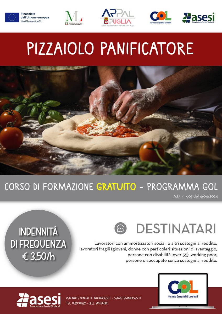 AsesiTaviano's tweet photo. 🚀 Vuoi diventare pizzaiolo panificatore? 🍕🥖
Partecipa al corso GRATUITO del Programma GOL e ricevi un’indennità di €3,50/h!
📩 Info & iscrizioni: info@asesi.it | 0833.914229
#CorsoGratuito #Pizzaiolo #Panificatore #Lavoro #Formazione #ProgrammaGOL https://t.co/KhuoQwFlHb