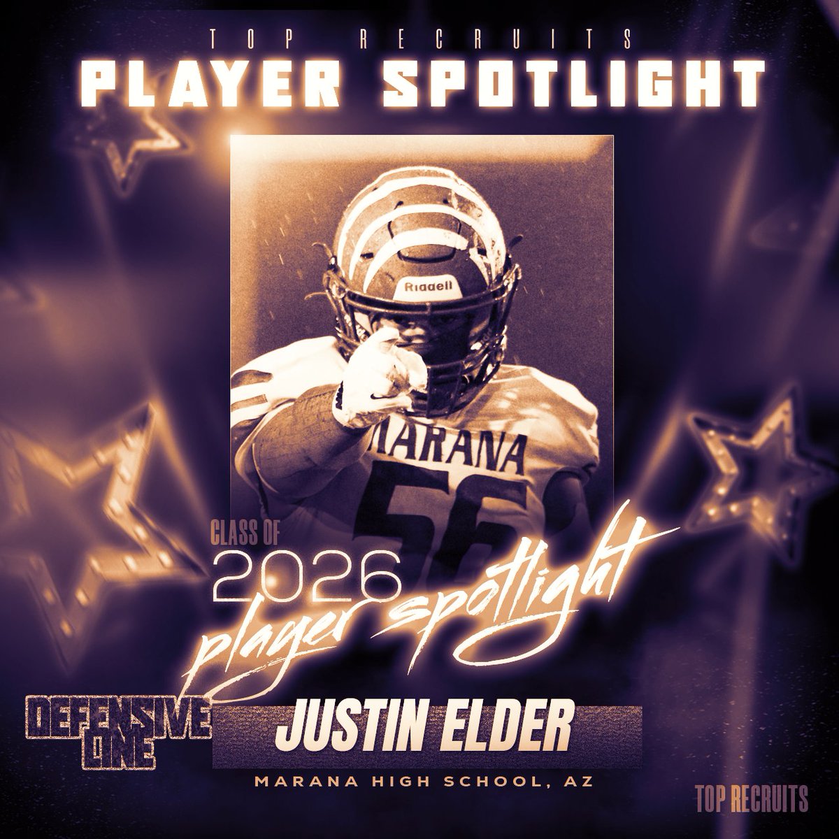 Prospect Report: Justin Elder - Class of 2026 (3.3 GPA) 
Defensive Lineman (DL) Marana High School, AZ 

Physical Attributes: Current: 6’1”, 232 lbs

Projected: 6’2”-6’3” by graduation with added mass potential 

Position: Defensive Lineman (DL)  
40-Yard Dash: 4.85 seconds
