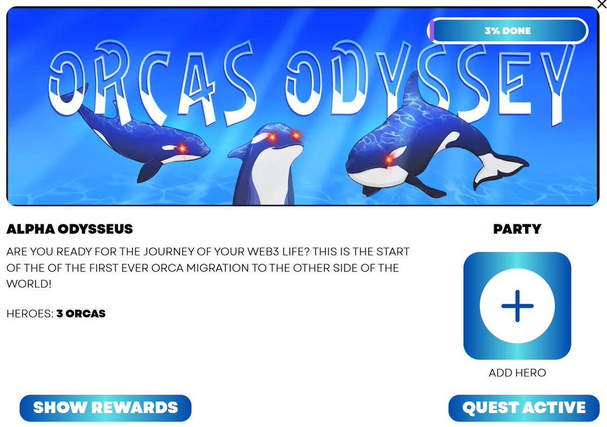 The first Odyssey quest is live! Go send your Orcas on a journey and have a chance at some awesome rewards

Go tell everyone, as the next mission only opens up when enough Orcas joined the pod! 

#Algorand $ALGO #OO