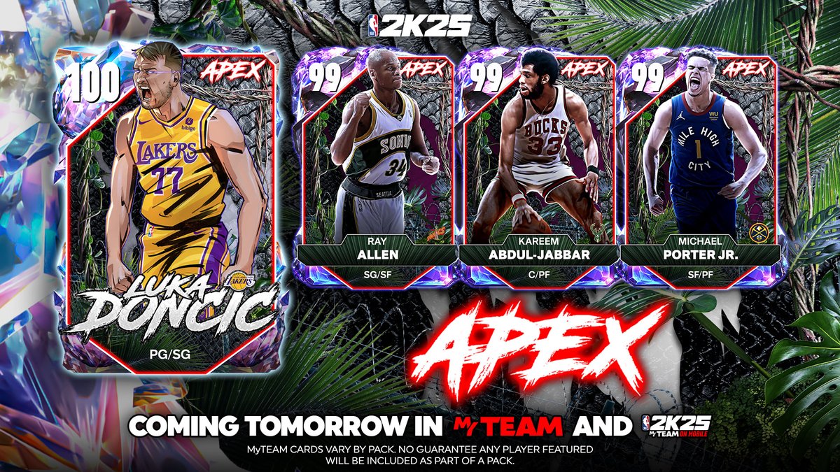 NBA2KMyTEAM's tweet image. Only the elite survive—welcome to the top of the food chain. 🏆🐅

The Apex Pack drops tomorrow in MyTEAM, bringing pure dominance to your lineup. Only the strongest will rise above the competition. 

Featuring top-tier talent, including:

💯 OVR Luka Dončić
🌌 Dark Matter Kareem…