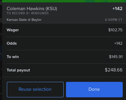 thedaybettor's tweet image. Quick $11 with @OddsJam mobile alerts💰
Coleman Hawkins over 7.5 rebounds- Win $145.91 on FD, give $134.59 on Rebet = $11.32 profit
Under - Win $114.06 on Rebet, give $102.75 on FD = $11.31 profit
oddsjam.com/?ref=thedaybet…
Code: WINNING